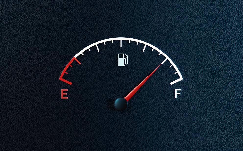 A vehicle's fuel gauge, indicating that it is 5/6ths full.