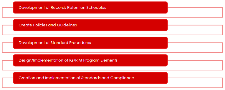 1. Development of Records Retention Schedules, 2. Create Policies and Guidelines, 3. Development of Standard Procedures, 4. Design/Implementation of IG/RIM Program Elements, and 5. Creation and Implementation of Standards and Compliance